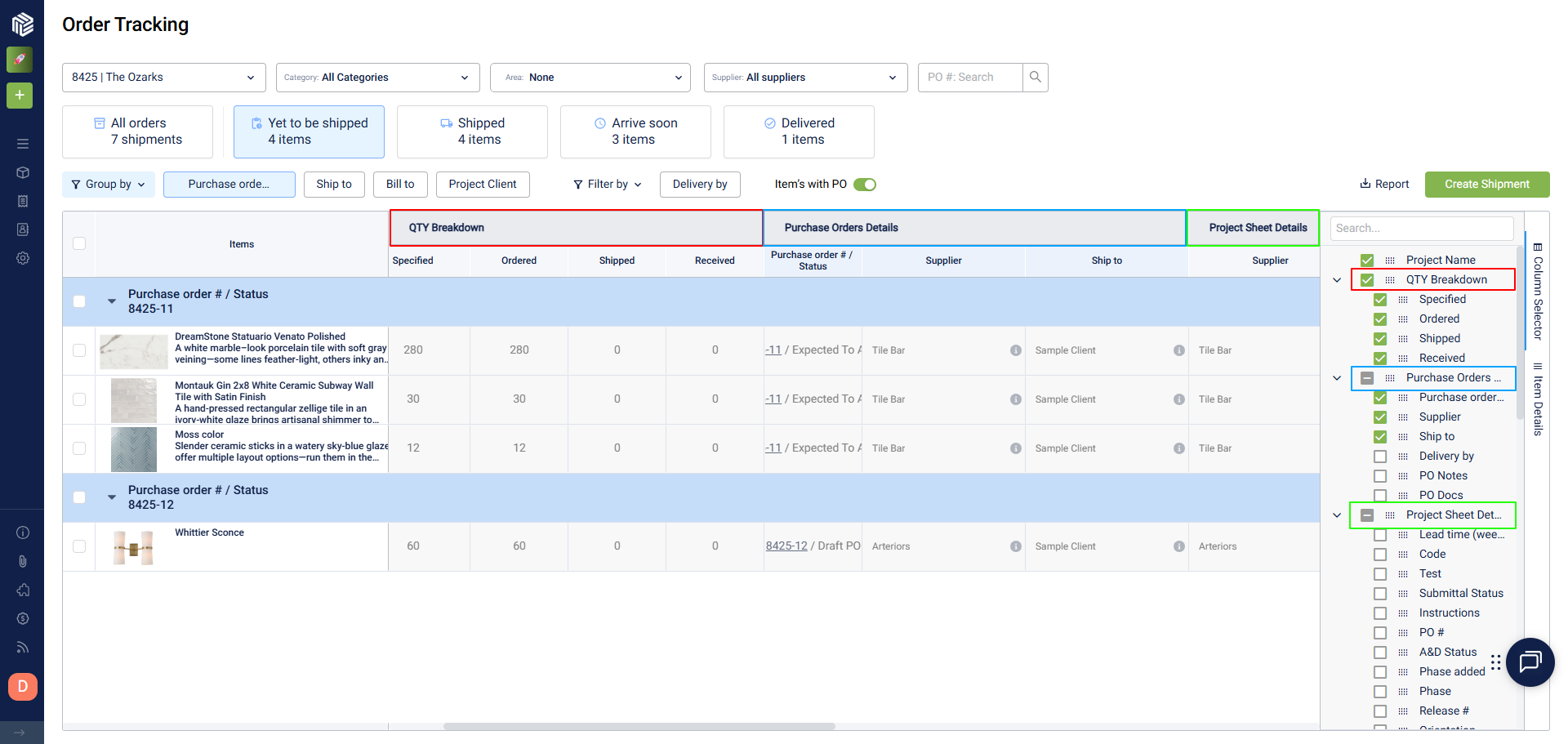 Sample Tracking Quick Viewing Order Tracking